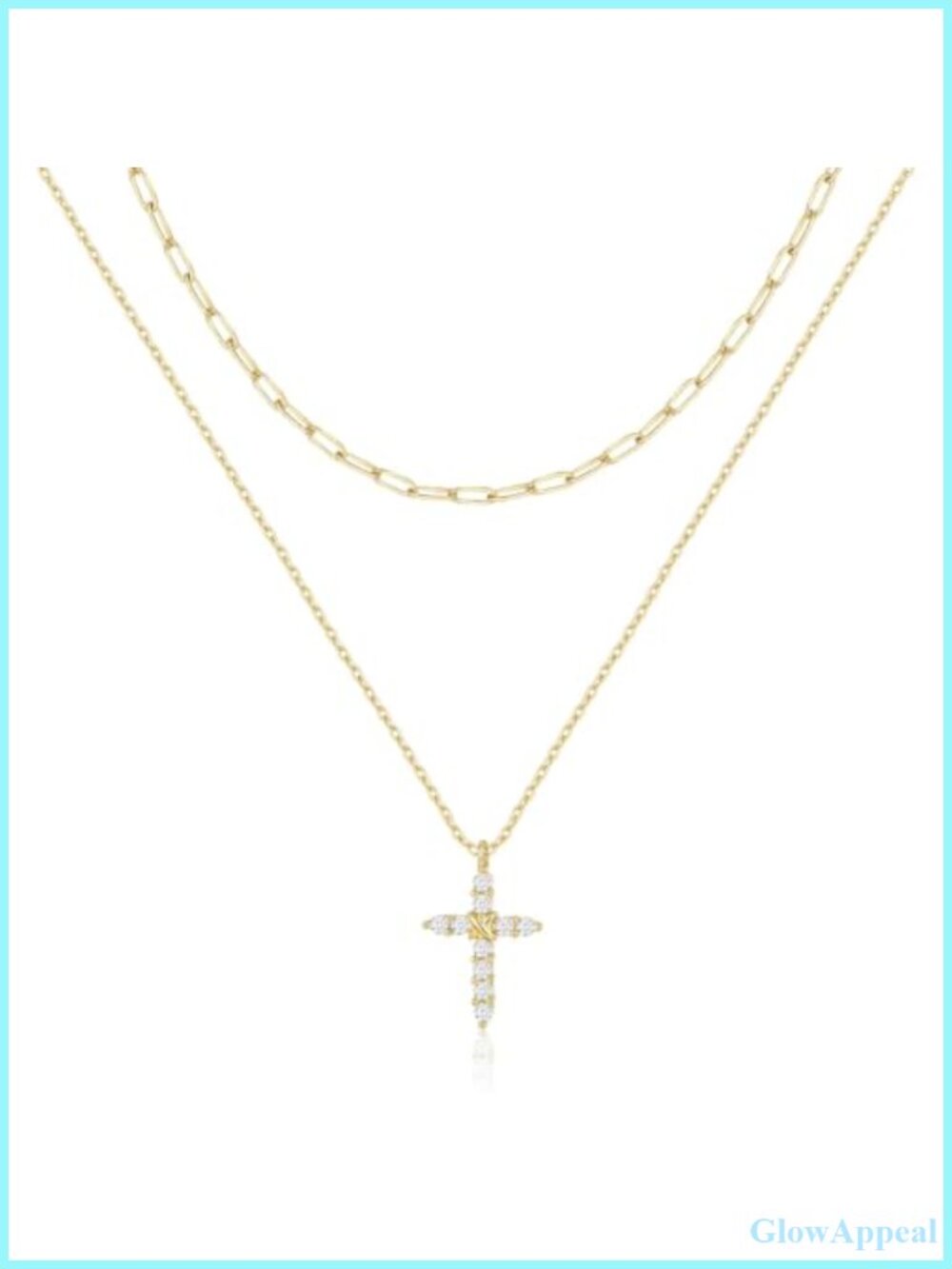 14K Gold Plated Layered Cross Necklace Cubic Zirconia Pendant